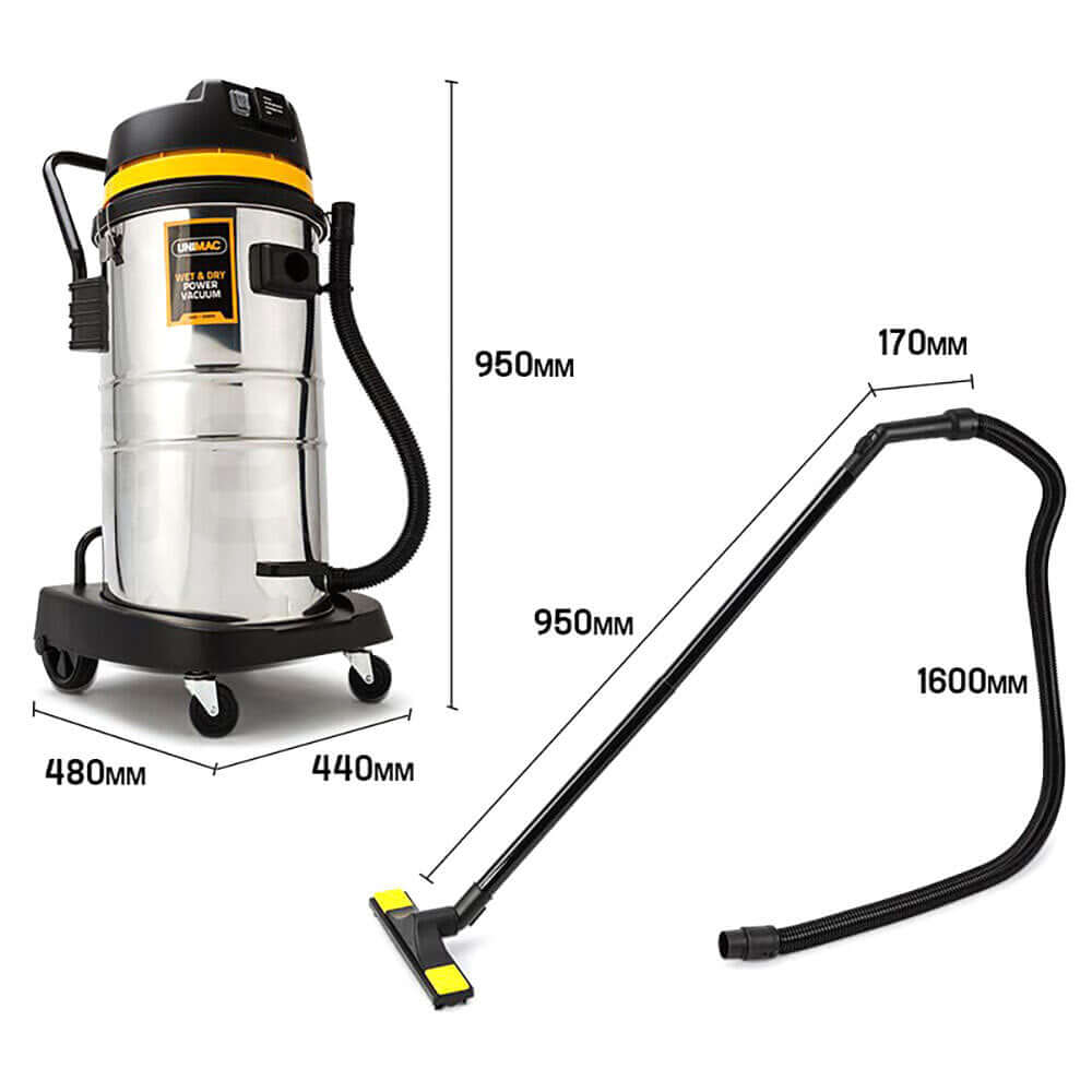 UNIMAC 60L stainless steel wet/dry vacuum cleaner with dimensions, ideal for affordable DIY and commercial cleaning tasks.