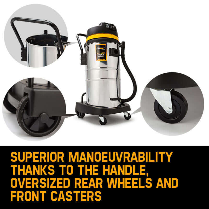 Unimac 60L vacuum cleaner features superior manoeuvrability with oversized rear wheels and front casters for easy movement.