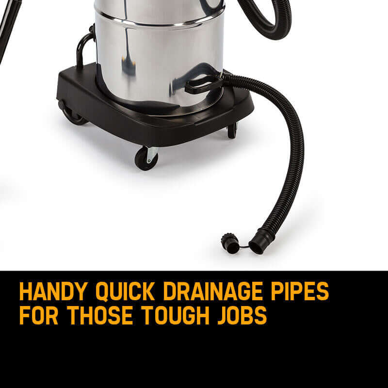 Handy quick drainage pipes on the Unimac industrial vacuum for tough DIY jobs.