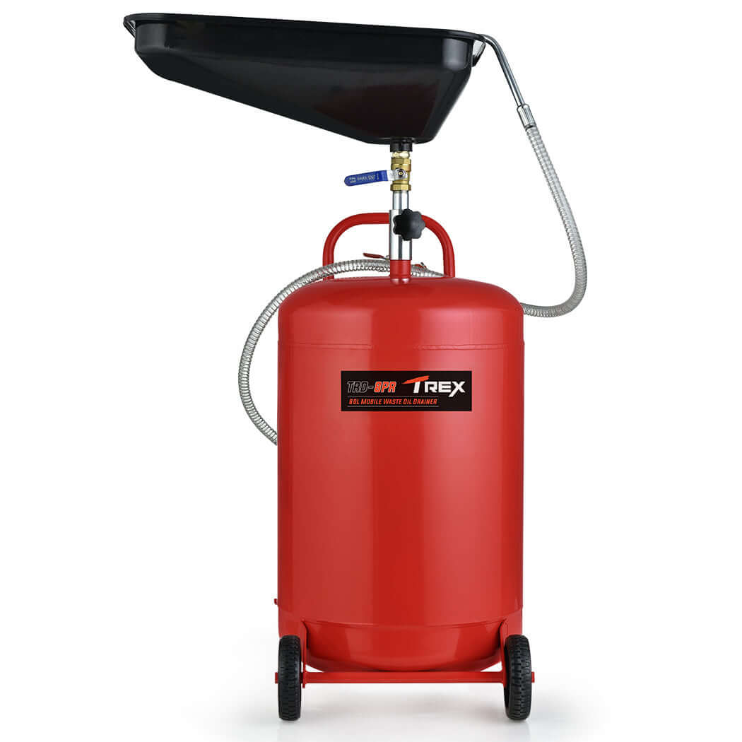 T-REX 80L Mobile Waste Oil Drainer with detachable pan, ideal for DIY projects and workshop efficiency.