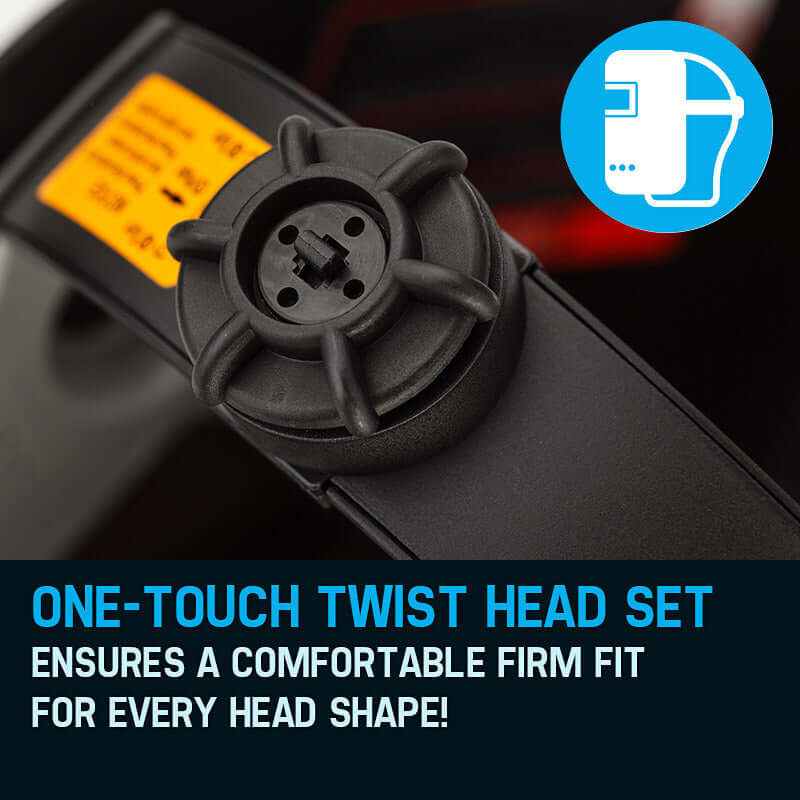 Close-up of ROSSI welding helmet's one-touch twist head set for a comfortable fit for all head shapes.