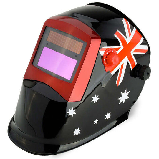 ROSSI Solar Auto Darkening Welding Helmet with Australian flag design, perfect for DIY projects and professional welders.