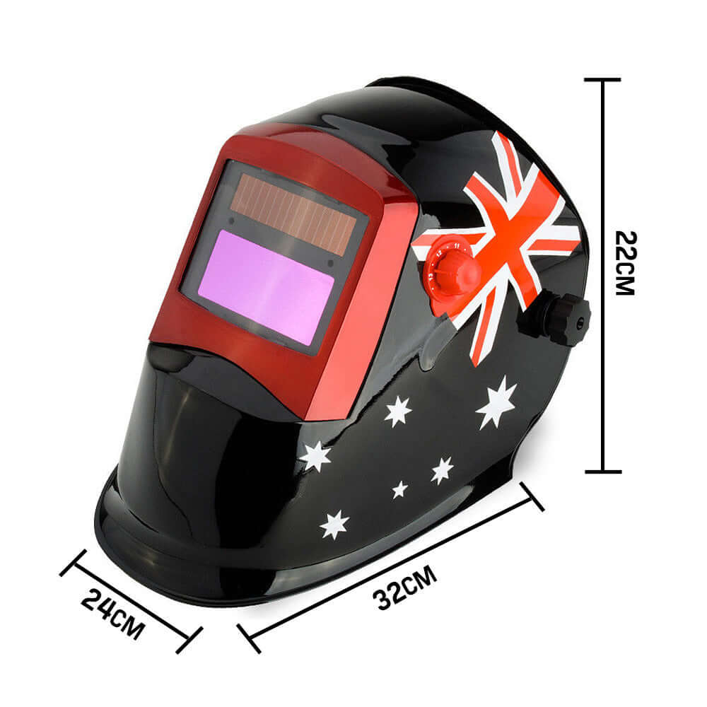 ROSSI Solar Auto Darkening Welding Helmet with Australian flag design, dimensions 32cm x 24cm x 22cm, affordable quality for DIY.