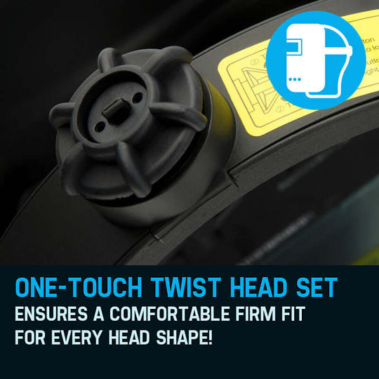 One-touch twist head set on ROSSI welding helmet ensures a comfortable, secure fit for all head shapes.