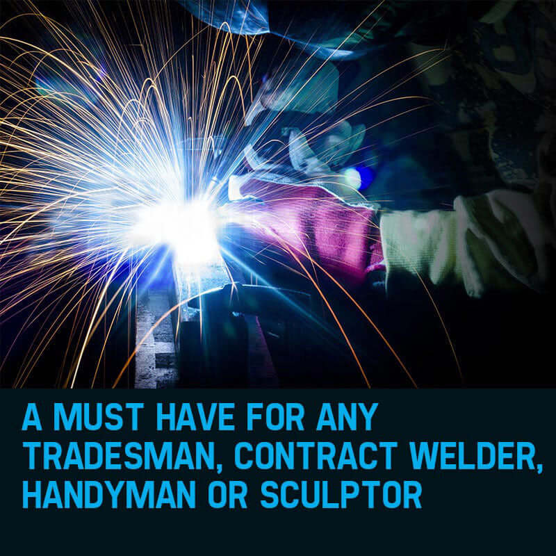 Welder in action creating sparks, essential tool for tradesmen, contractors, handymen, and sculptors.