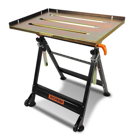 ROSSI Welding Table with adjustable height, rugged design, 150kg capacity, foldable, and transportable for DIY projects.