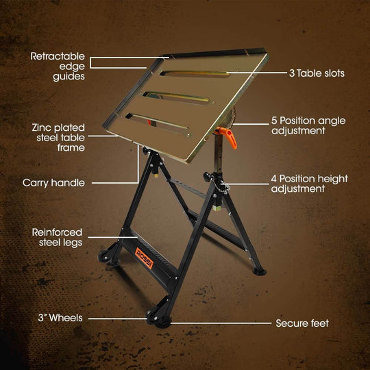 ROSI Adjustable Welding Table features zinc plated top, reinforced legs, 3" wheels, and adjustable height and angle.