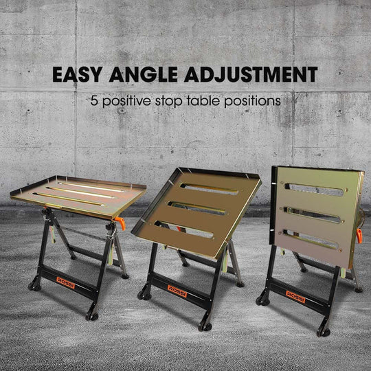 Three ROSSI welding tables showcasing easy angle adjustments with 5 stop positions on a concrete background.