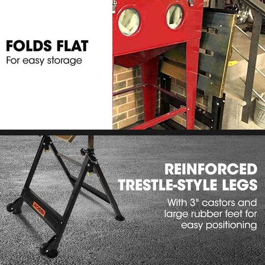 ROSI Adjustable Welding Table features reinforced trestle legs and folds flat for easy storage, ideal for DIY projects.