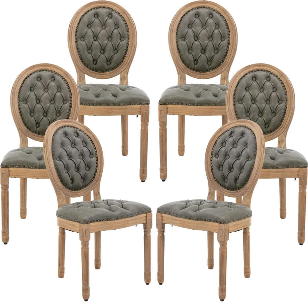 Set of 6 vintage-inspired pine green velvet dining chairs with tufted backs and solid wood legs. Affordable luxury seating.