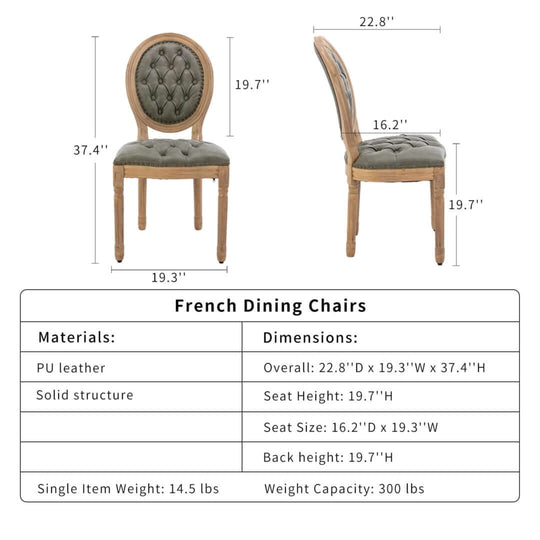 French dining chair with PU leather upholstery, dimensions 22.8 x 19.3 x 37.4 inches, solid structure and elegant design.