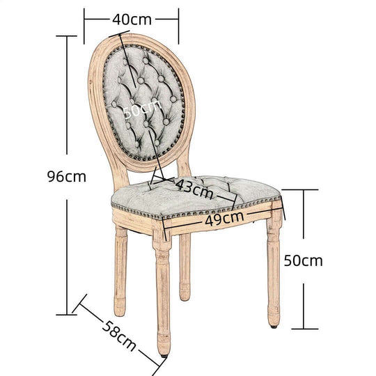 Dimensions of a plush, tufted dining chair with solid wood legs, showcasing elegant design and comfort features.