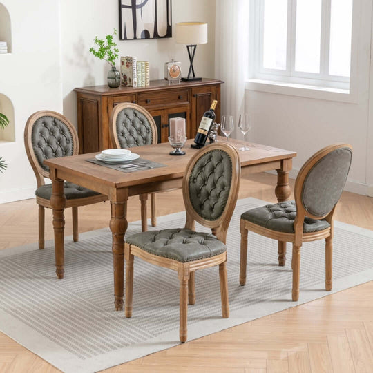 Elegant dining set featuring tufted chairs and a wooden table, perfect for affordable luxury dining decor.