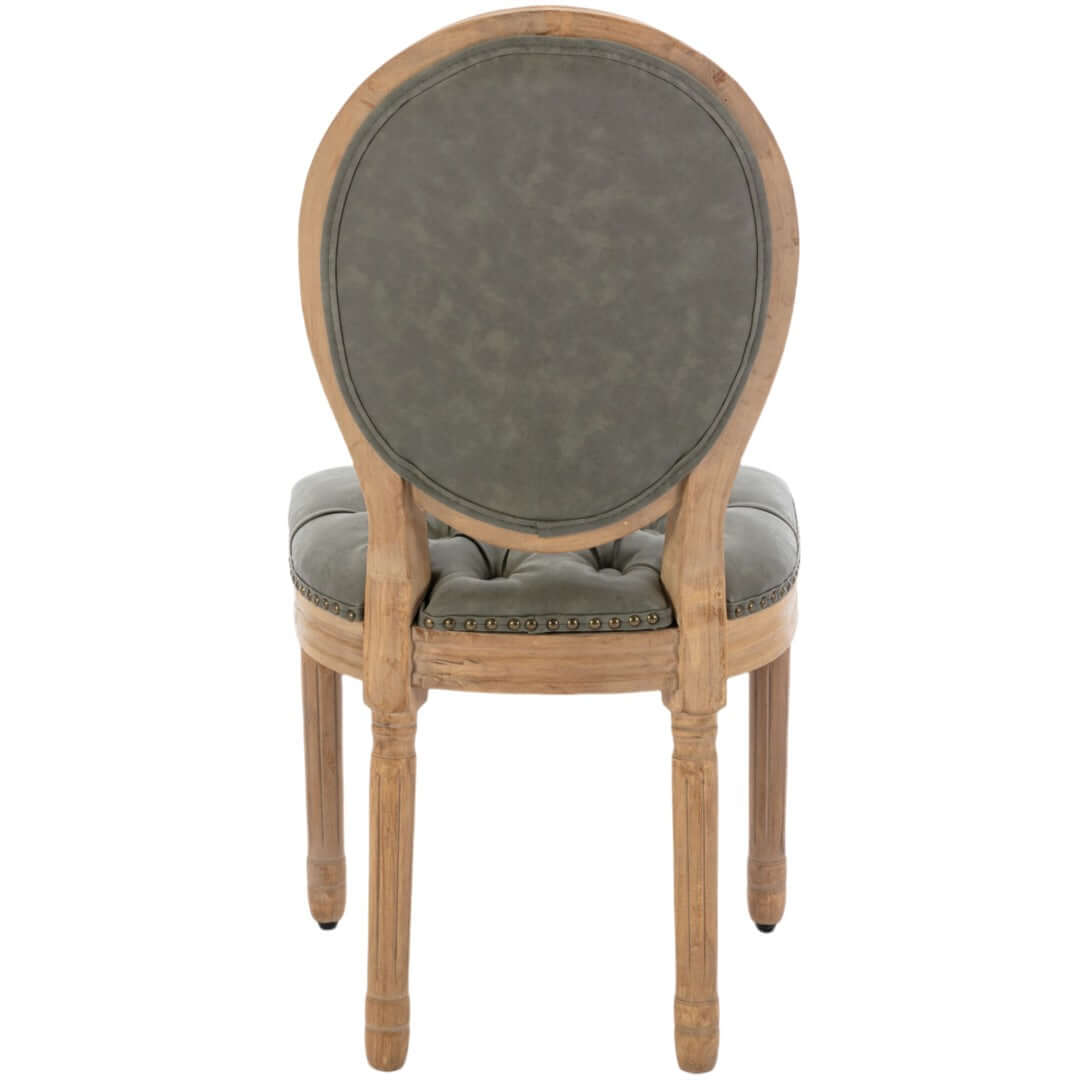 Back view of AADEN pine green velvet faux leather dining chair with solid wood legs, showcasing quality craftsmanship.