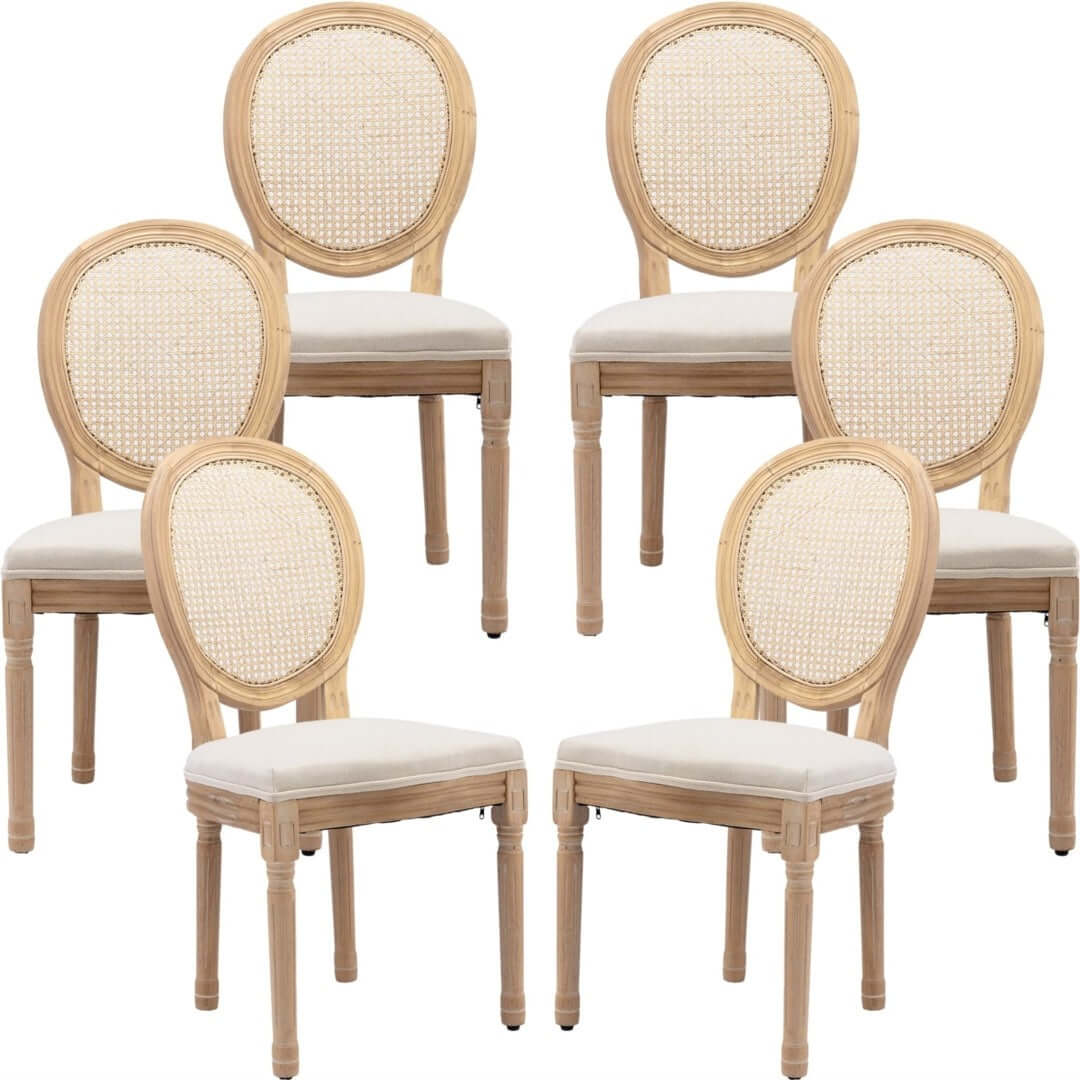 Set of six beige rattan dining chairs with solid wood legs, showcasing vintage French design for affordable luxury.