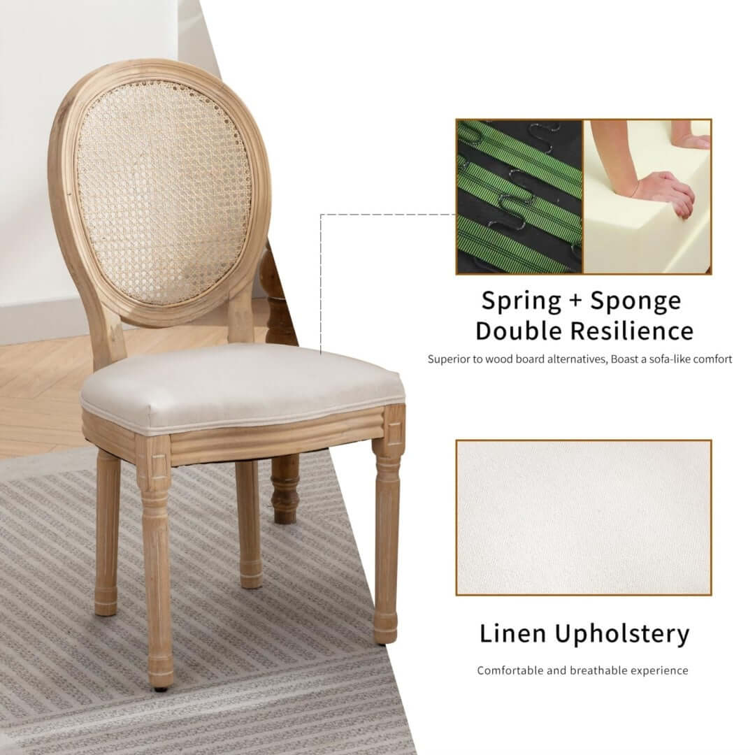 AADEN rattan dining chair with solid wood legs, featuring linen upholstery and double resilience for comfort and style.