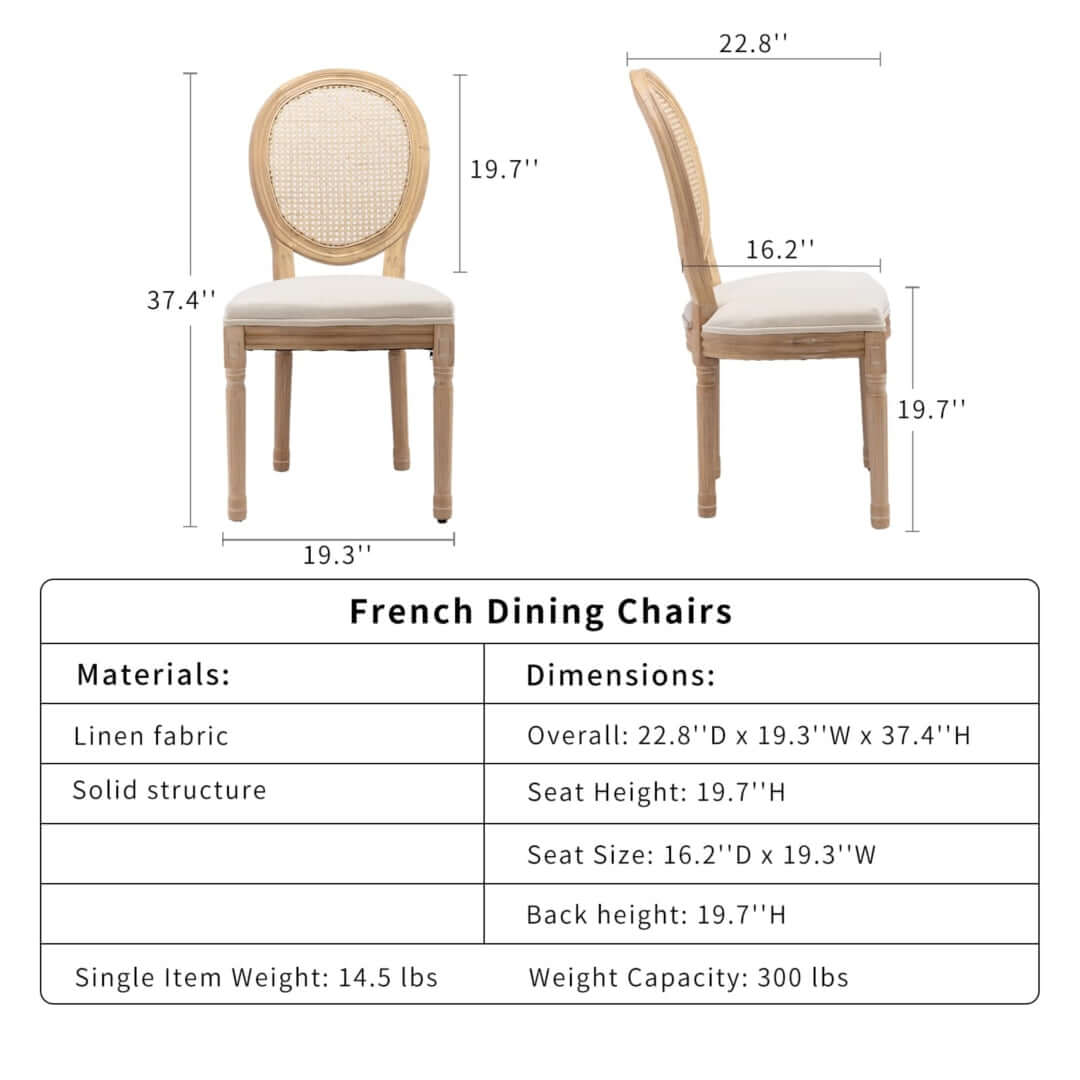 AADEN French dining chairs dimensions and materials, featuring linen fabric and solid wood for affordability and quality.