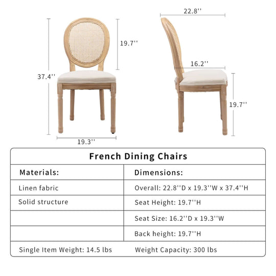 AADEN French dining chairs dimensions and materials, featuring linen fabric and solid wood for affordability and quality.