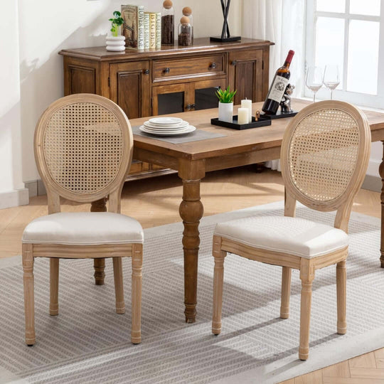 AADEN 6x rattan dining chairs with solid wood legs in beige, showcasing chic French design and elegant comfort.