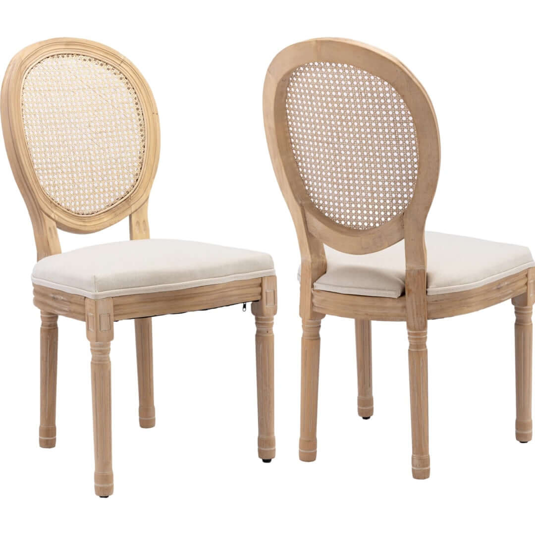 Affordable beige rattan dining chairs with solid wood legs, featuring a chic French design for quality and comfort.