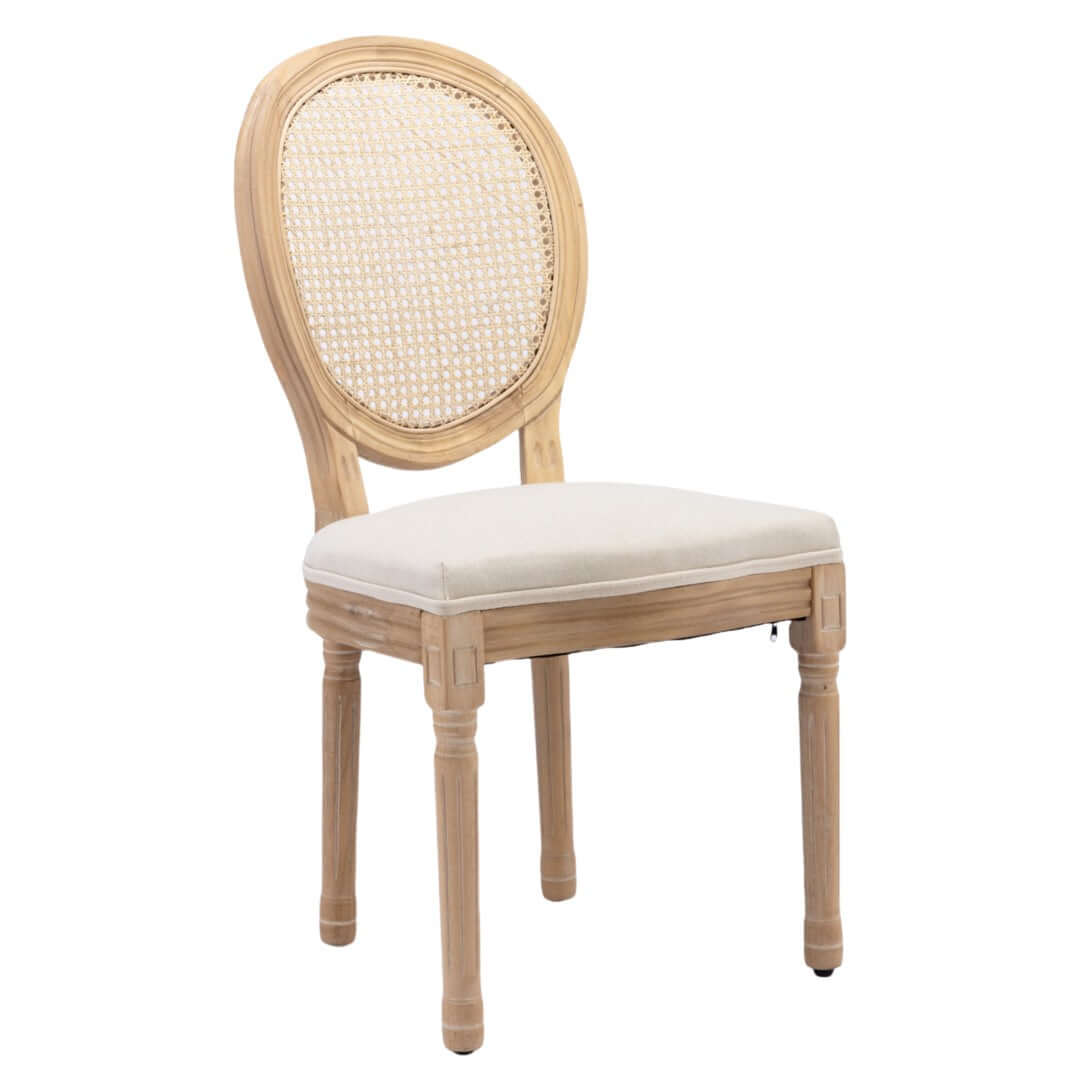 Affordable beige rattan dining chair with solid wood legs, showcasing elegant French design and comfortable upholstery.