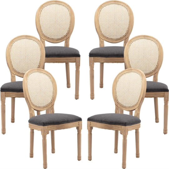 Affordable AADEN set of 6 vintage French rattan dining chairs with solid wood legs in grey upholstery.