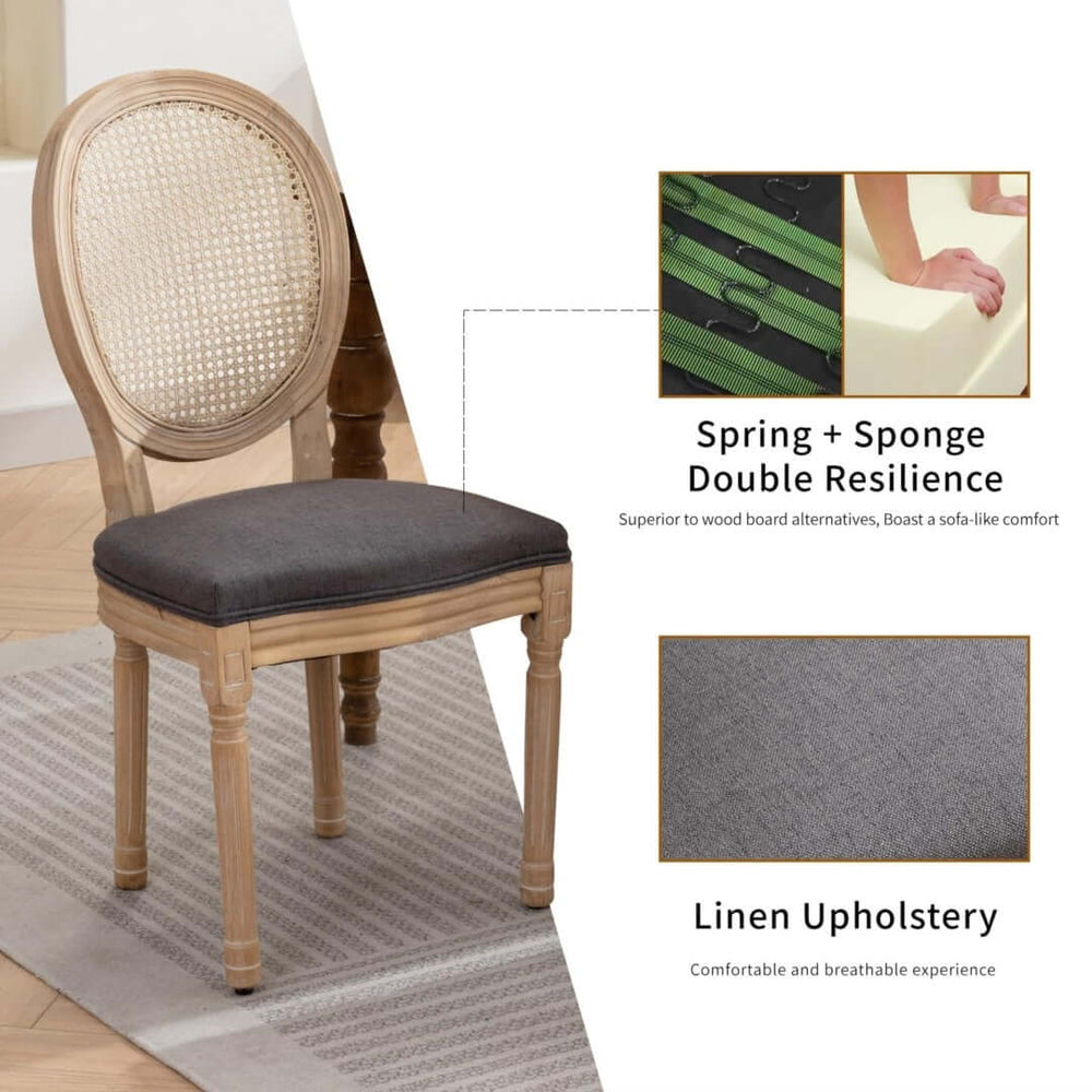 AADEN rattan dining chair showing spring+sponge double resilience and linen upholstery for comfort and quality.