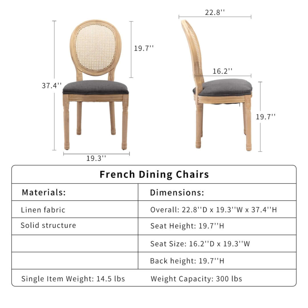 French dining chairs with linen fabric and solid wood structure showcasing dimensions and materials for stylish decor.