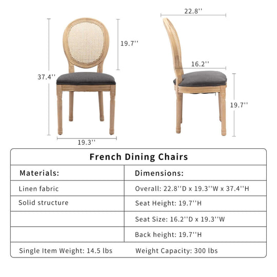 French dining chairs with linen fabric and solid wood structure showcasing dimensions and materials for stylish decor.