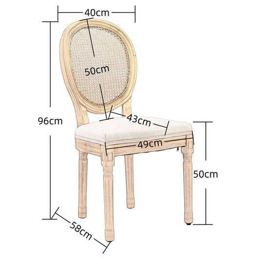 Dimensions of AADEN vintage French dining chair with rattan back and solid wood legs, showcasing elegant design and quality craftsmanship.