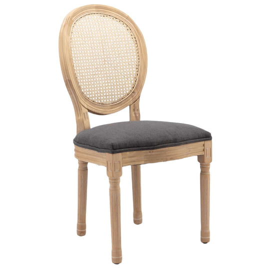 AADEN grey upholstered rattan dining chair with solid wood legs, showcasing chic French design and vintage elegance.