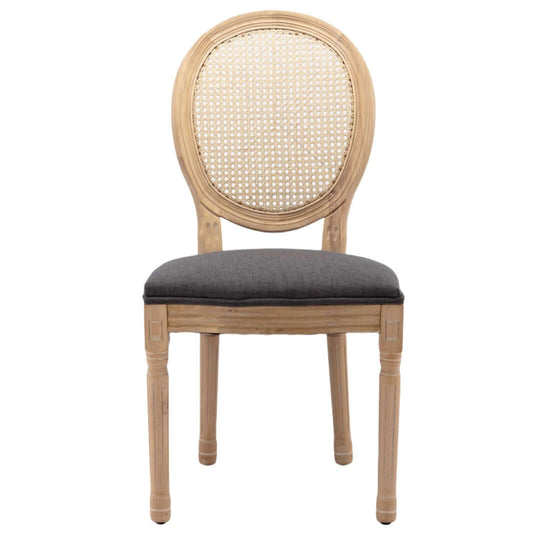 Affordable rattan dining chair with solid wood legs and grey upholstered seat, showcasing chic French design elegance.