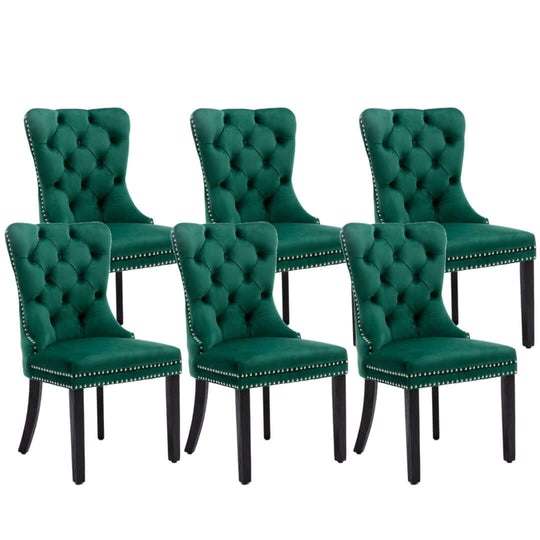 Set of 6 affordable green velvet dining chairs with tufted back and stud trim, featuring solid wood legs for quality support.