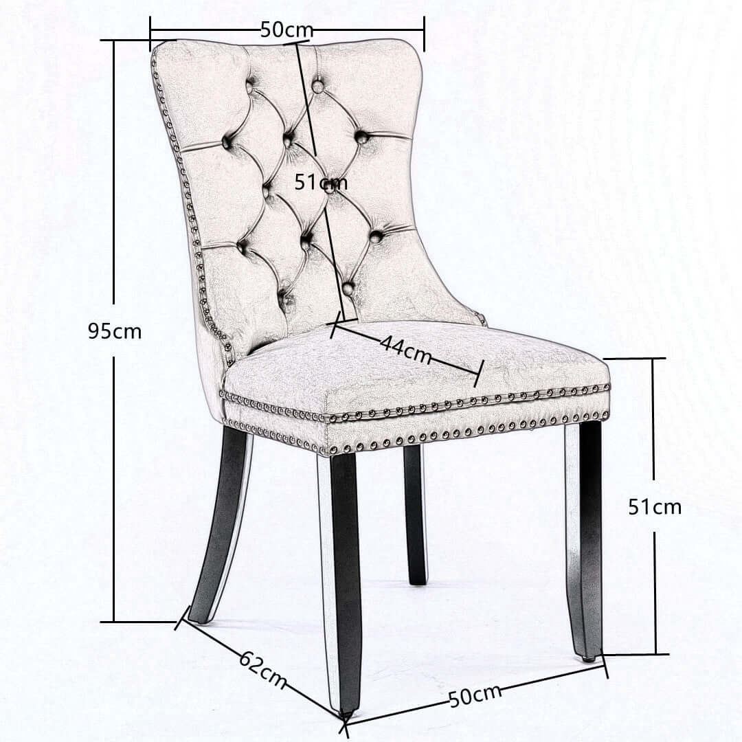 Dimensions and design of a stylish tufted dining chair with black legs and silver stud trim, ideal for modern interiors.