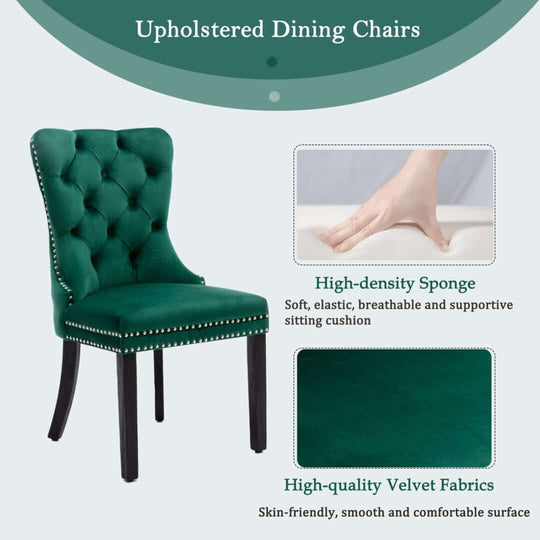 Green upholstered dining chair featuring high-density sponge cushion and premium velvet fabric for comfort and style.