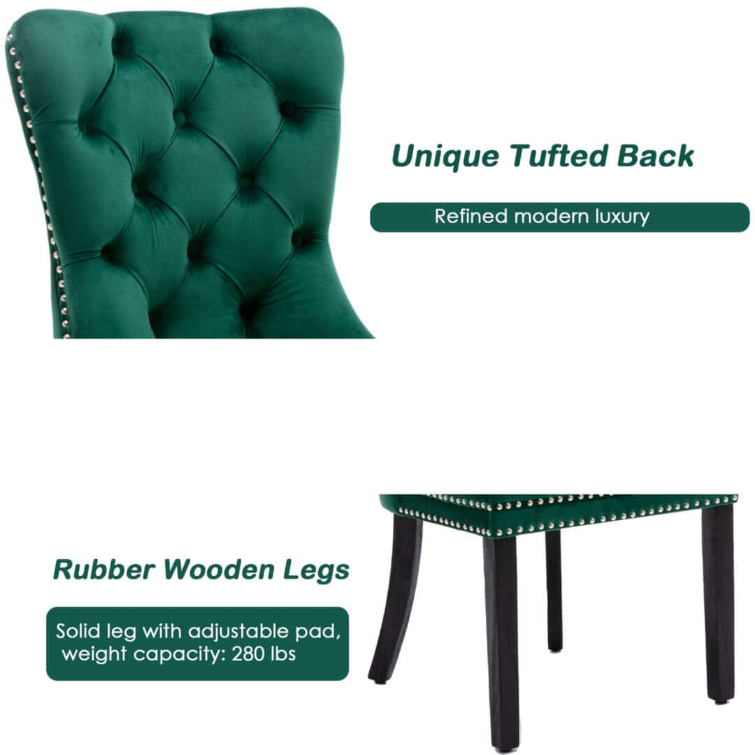 Green velvet dining chair with tufted back and rubber wooden legs, showcasing modern luxury and ergonomic design.