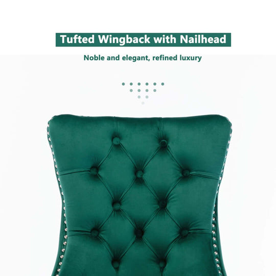 Elegant green velvet dining chair with tufted wingback and nailhead trim, showcasing refined luxury and modern design.