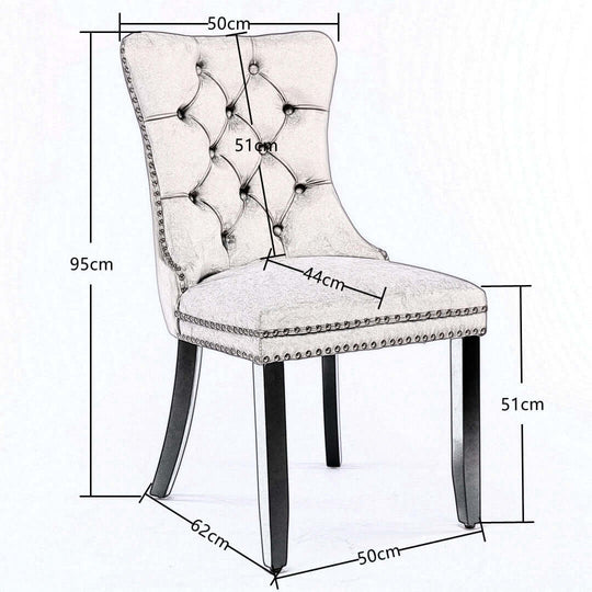 Velvet dining chair with tufted backrest, stud trim, solid wood legs in gray, ergonomic high back, and dimensions provided.