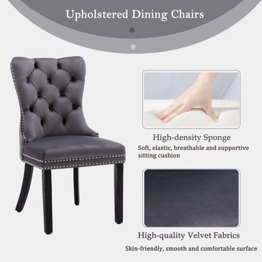 Velvet dining chair with tufted back, high-density sponge cushion, solid wood legs, and high-quality velvet fabric upholstery.