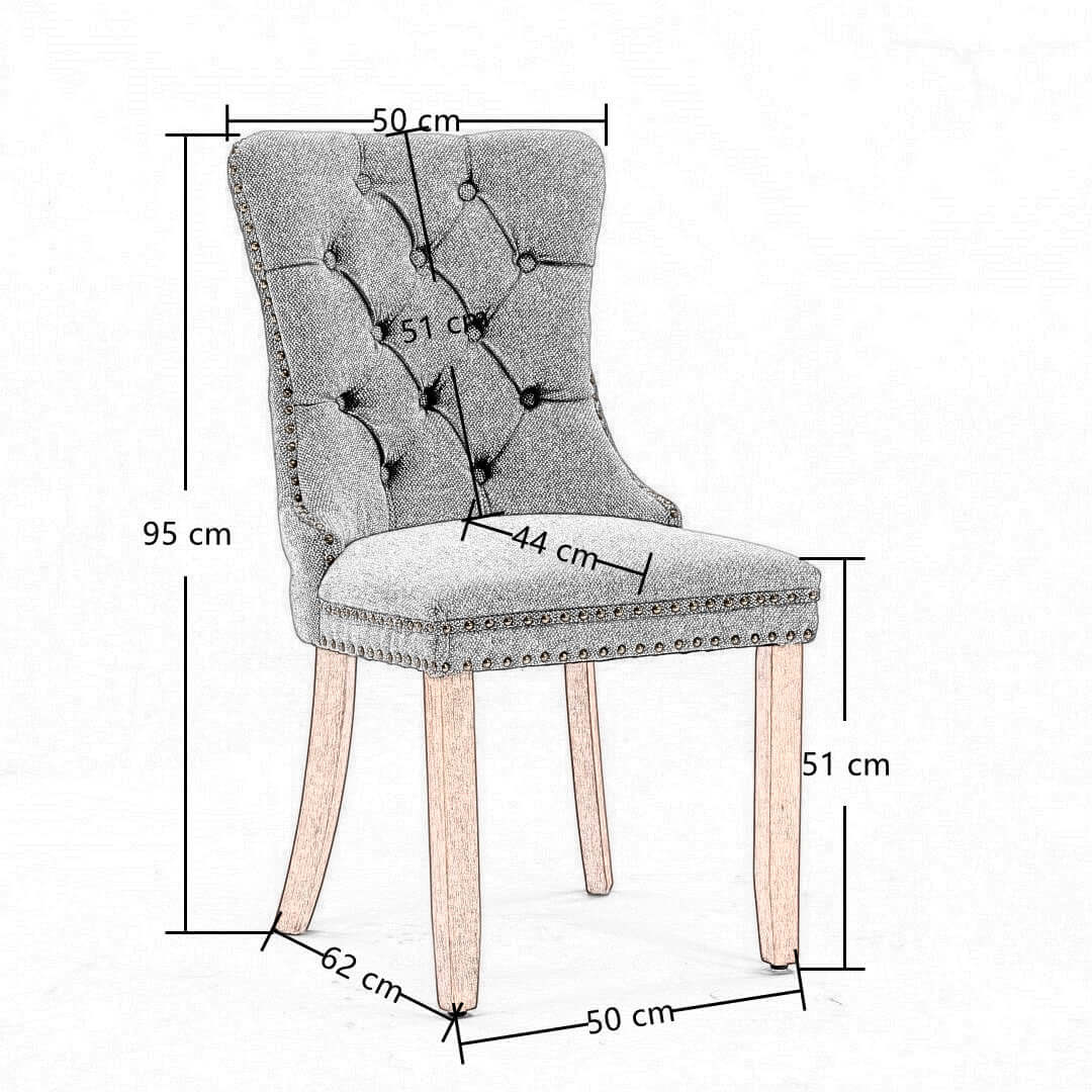 Dimensions of a modern tufted dining chair with stud trim, suitable for elegant and affordable decor.