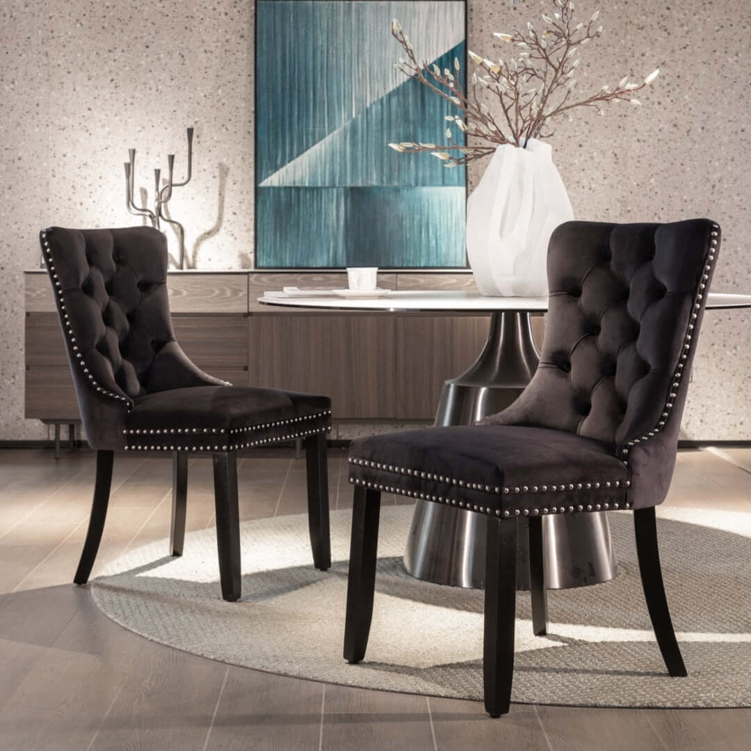 DSZ Product, feed-cond-new, feed-sl-DSZ Freight Payable2x Velvet Dining Chairs Upholstered Tufted Kithcen Chair with Solid Wood Legs Stud Trim and Ring-Black - Premium Furniture > Dining > Dining Set from DSZ ! Shop Online Buy Now at S & D's Value Store Family Business Best Customer ServiceDSZ Product, feed-cond-new, feed-sl-DSZ Freight Payable