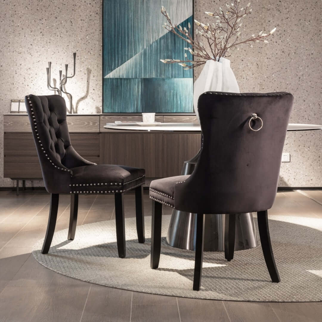 DSZ Product, feed-cond-new, feed-sl-DSZ Freight Payable2x Velvet Dining Chairs Upholstered Tufted Kithcen Chair with Solid Wood Legs Stud Trim and Ring-Black - Premium Furniture > Dining > Dining Set from DSZ ! Shop Online Buy Now at S & D's Value Store Family Business Best Customer ServiceDSZ Product, feed-cond-new, feed-sl-DSZ Freight Payable