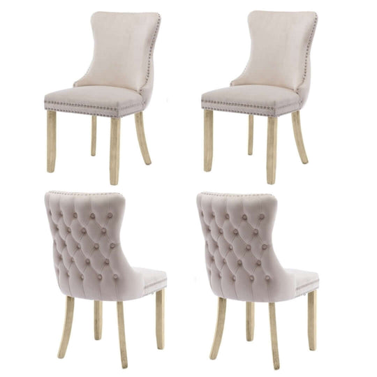 4x velvet upholstered dining chairs with tufted wingback, stud trim, and solid wood legs for kitchen elegance and modern style.