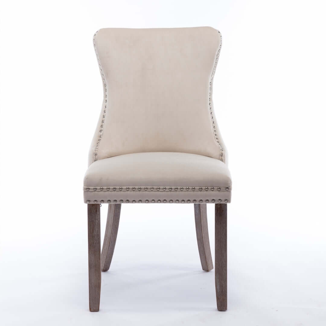 Velvet Upholstered Dining Chair with Tufted Wingback Design and Studs Trim on Solid Wood Legs