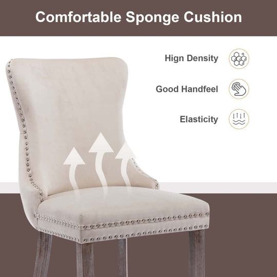 Velvet upholstered dining chair with tufted wingback, studded trim, solid wood legs, and high-density comfortable sponge cushion.