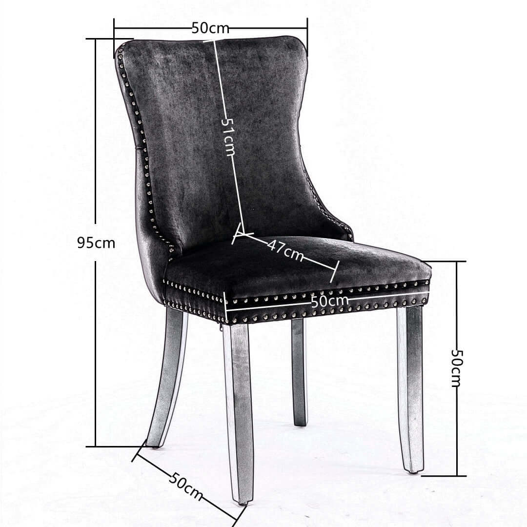 Velvet upholstered dining chair with tufted wingback, stud trim, solid wood legs, and dimensions details in centimeters for kitchen dining set