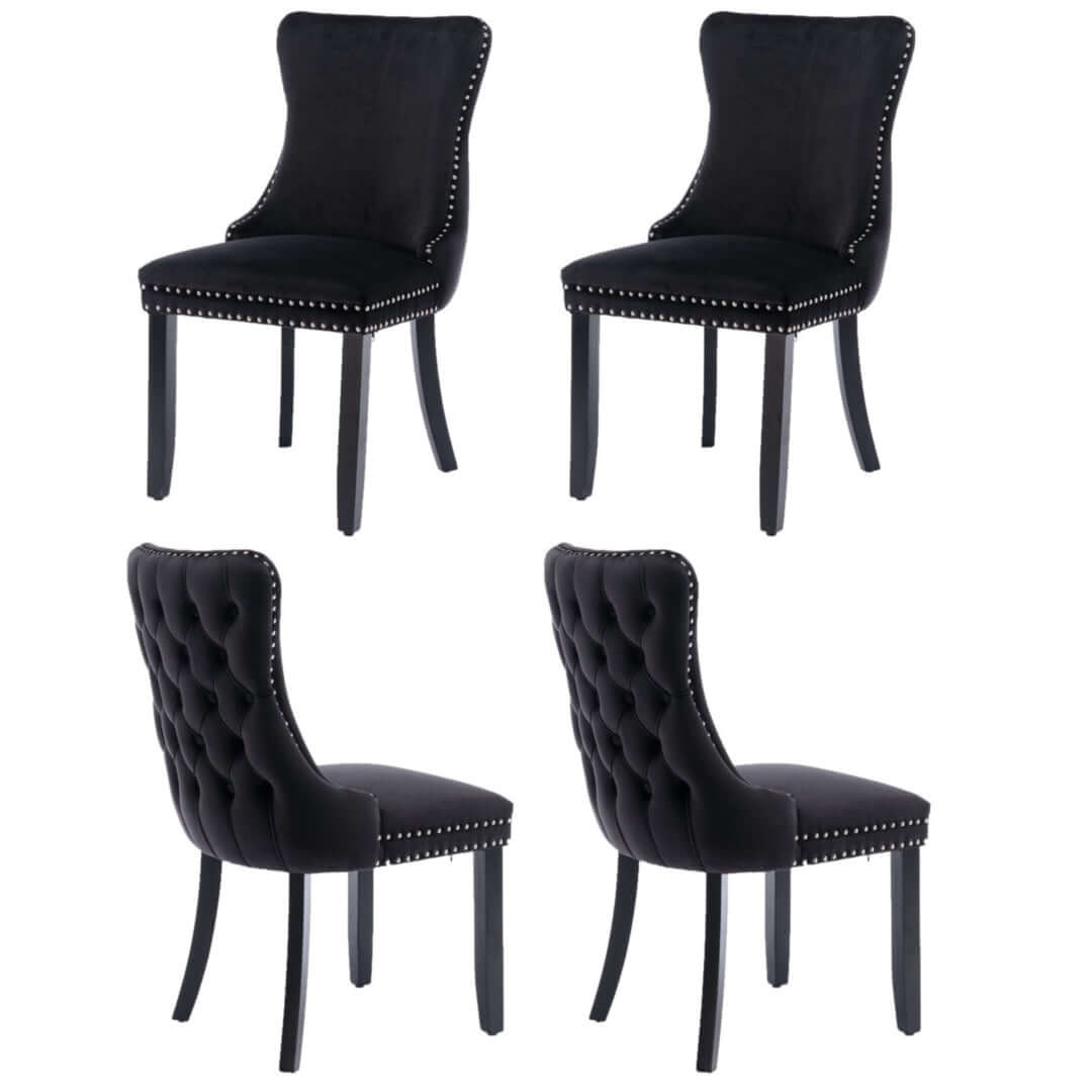 4x black velvet upholstered dining chairs with tufted back, stud trim, and solid wood legs, providing modern style and excellent durability.