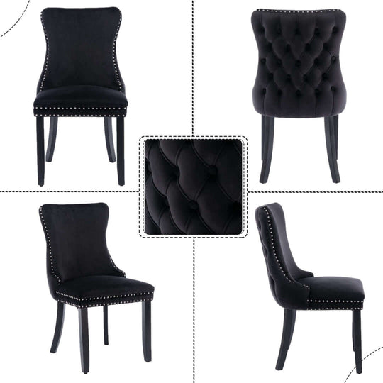 4x Velvet Upholstered Dining Tufted Chairs with Studs Trim and Solid Wood Legs in Black, featuring elegant modern design and sturdy construction.