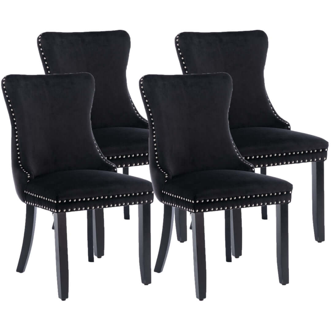 4x black velvet upholstered dining tufted chairs with studs trim and solid wood legs