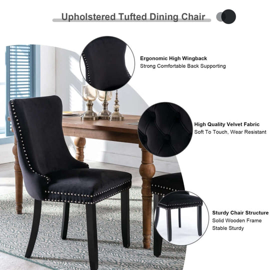 Black velvet upholstered dining chair with tufted design, ergonomic high wingback, high quality velvet fabric, and sturdy solid wooden legs.